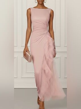 Sleeveless Blush Pink Ruched Maxi Dress with Cascade Ruffle #257
